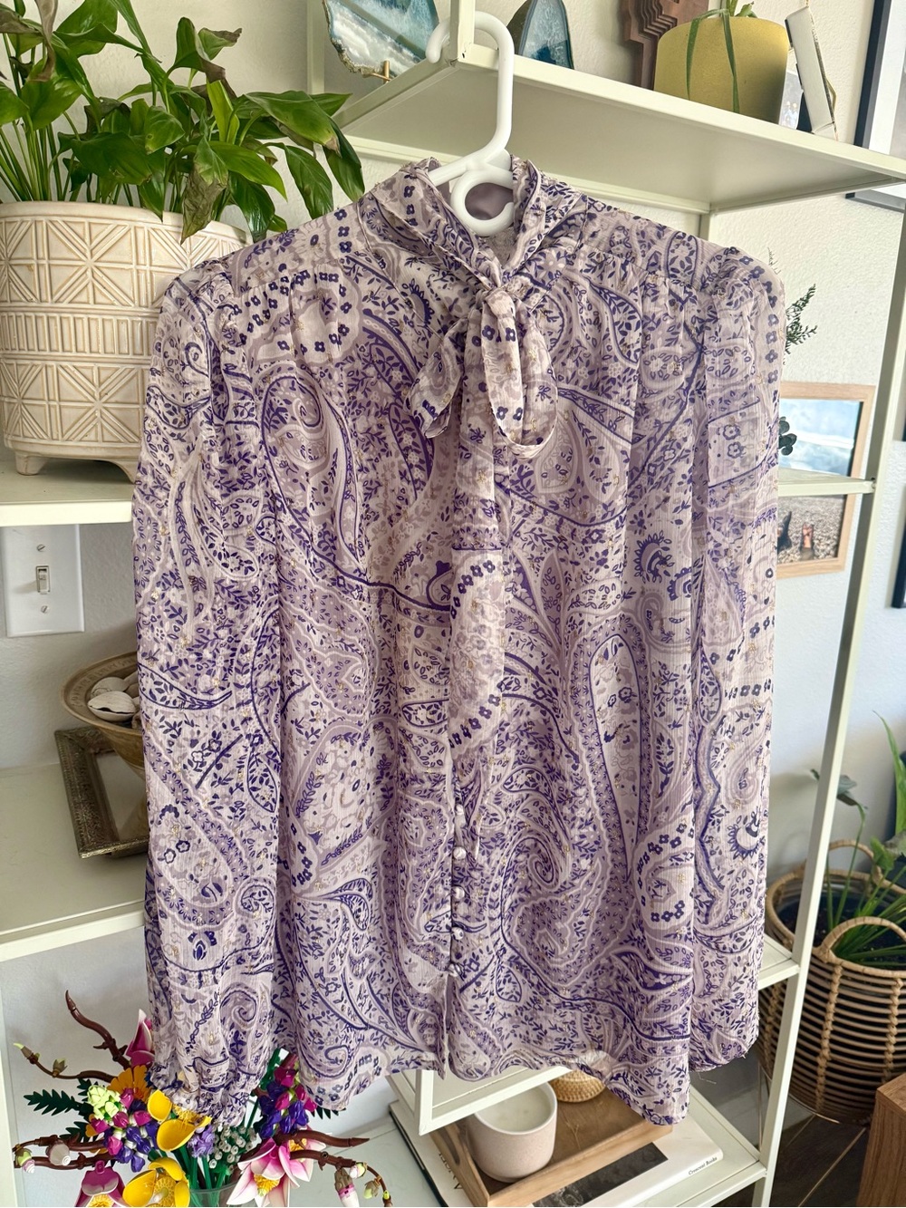 Ann Taylor Lavender Paisley Tie-Neck Blouse with Purple Print